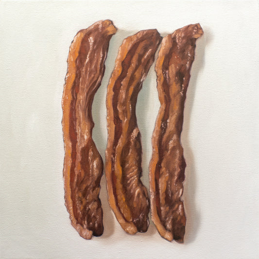 This artwork features a trio of freshly fried bacon strips.