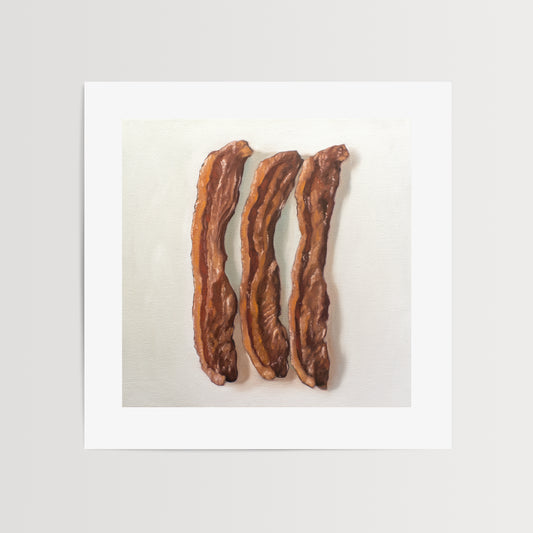 This artwork features a trio of freshly fried bacon strips.