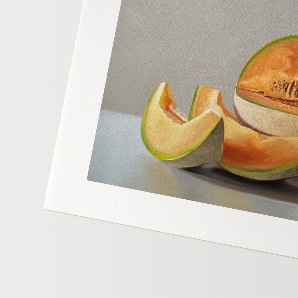 This artwork features a freshly sliced cantaloupe resting on a light grey surface with some nice dramatic lighting.
