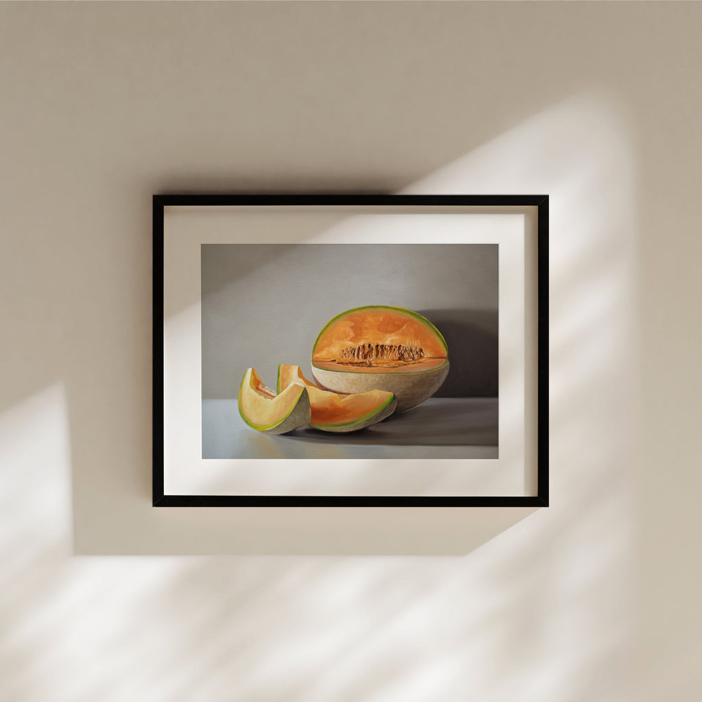 This artwork features a freshly sliced cantaloupe resting on a light grey surface with some nice dramatic lighting.
