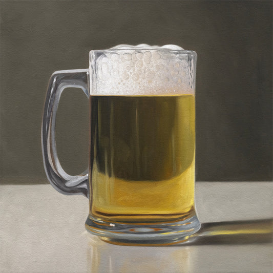 This artwork features a freshly poured beer in a glass mug with a nice bit of foam.