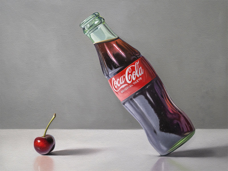 This artwork features a single cherry and glass bottle of coke seemingly getting to know one another.