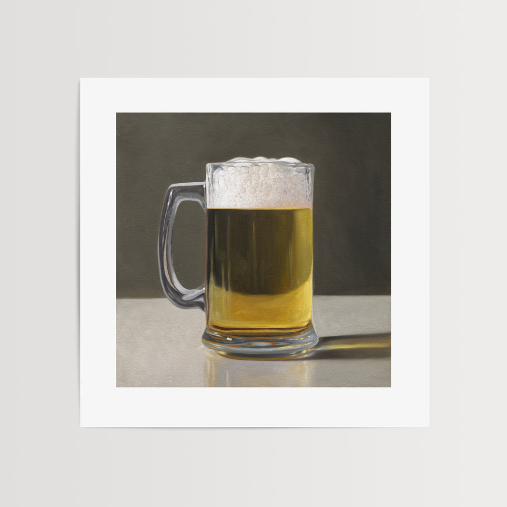 This artwork features a freshly poured beer in a glass mug with a nice bit of foam.