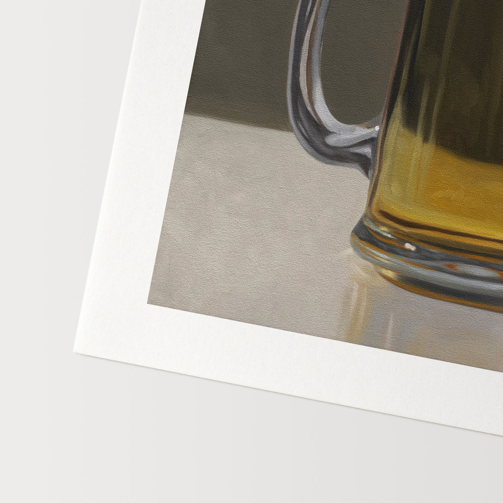 This artwork features a freshly poured beer in a glass mug with a nice bit of foam.