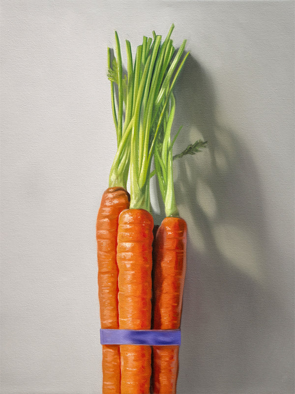 This artwork features a bundle of carrots resting on a neutral grey surface with dramatic side lighting creating interesting cast shadows.