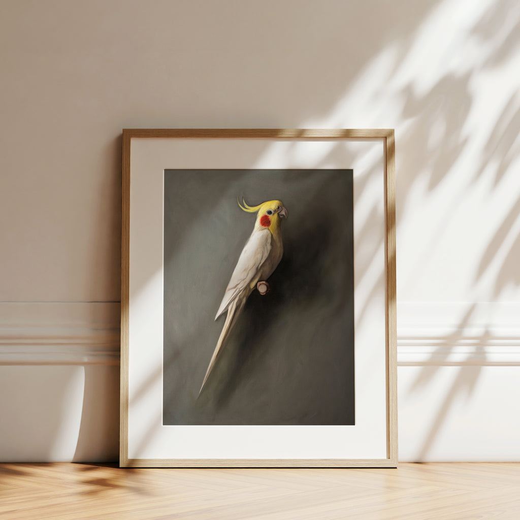 This artwork features a white lutino cockatiel perched adjacent to a dark grey wall with dramatic side lighting.