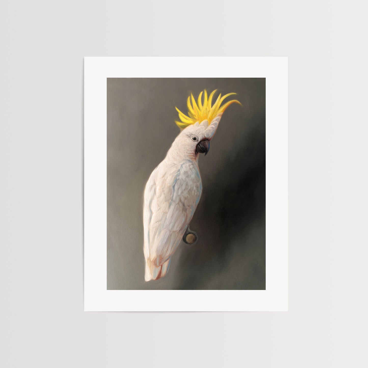 This artwork features a yellow crested cockatoo perched adjacent to a dark grey wall with dramatic side lighting.