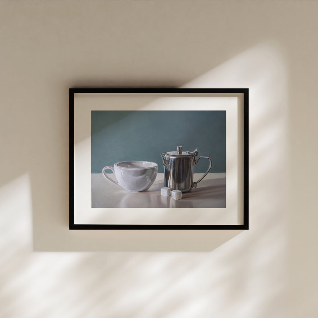 This painting features a coffee cup, cream pitcher and two sugar cubes resting on a light reflective surface with a neutral blue background.