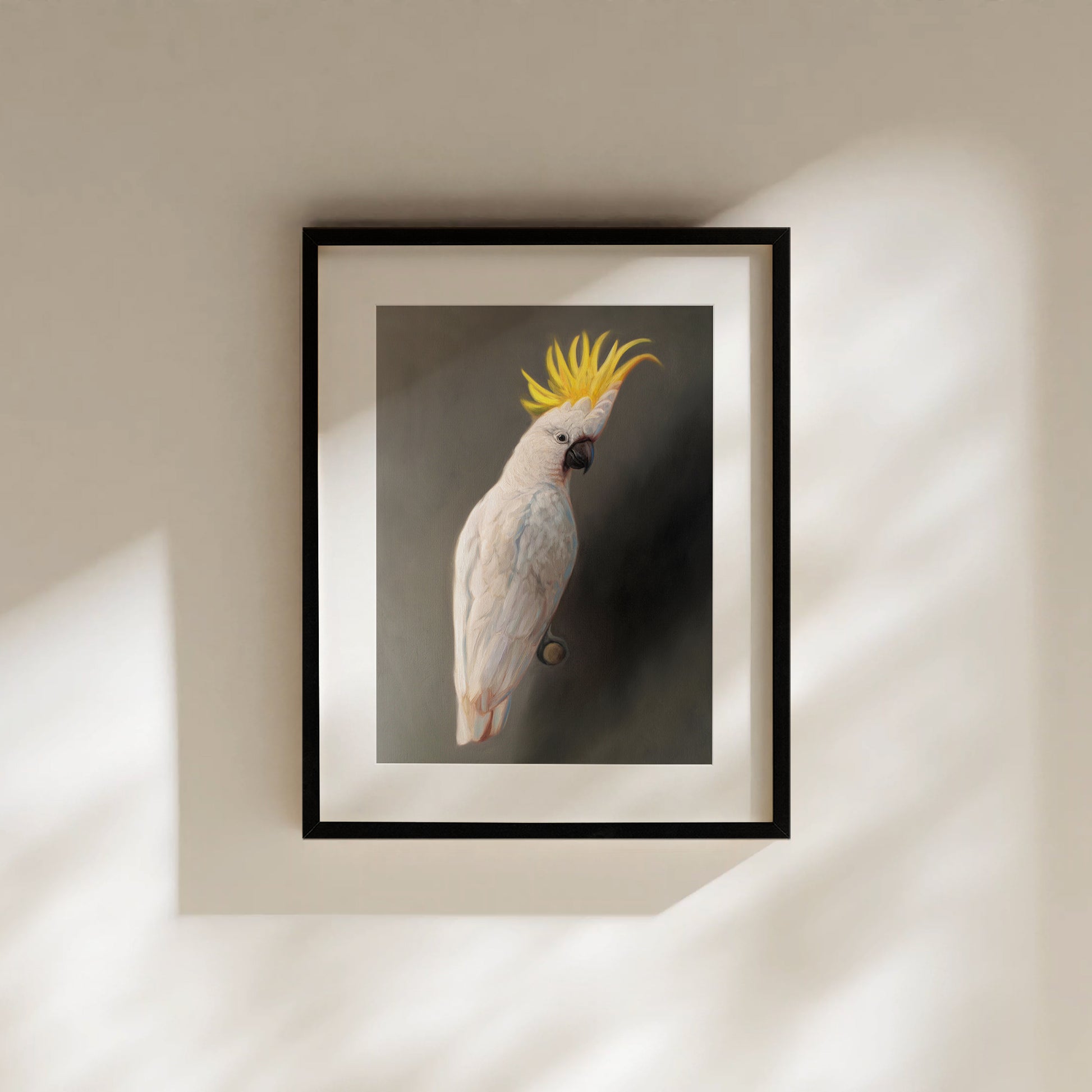 This artwork features a yellow crested cockatoo perched adjacent to a dark grey wall with dramatic side lighting.