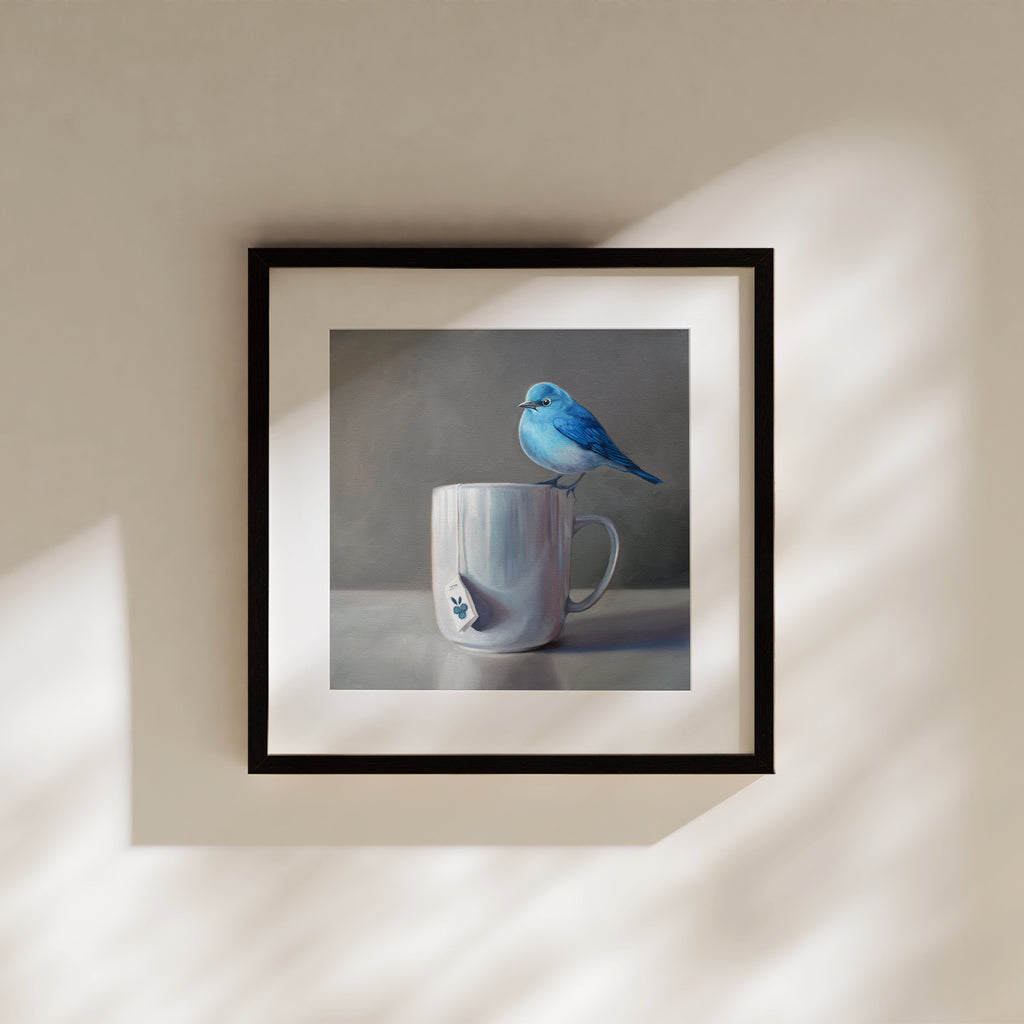 The perfect combination to roll in the Spring season featuring a Mountain Bluebird perched on a cup of Blueberry Tea.