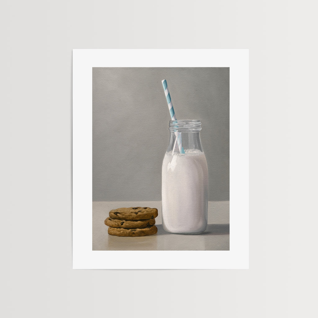 This artwork features a stack of fresh chocolate chip cookies next to a glass bottle of milk with a turquoise striped straw.