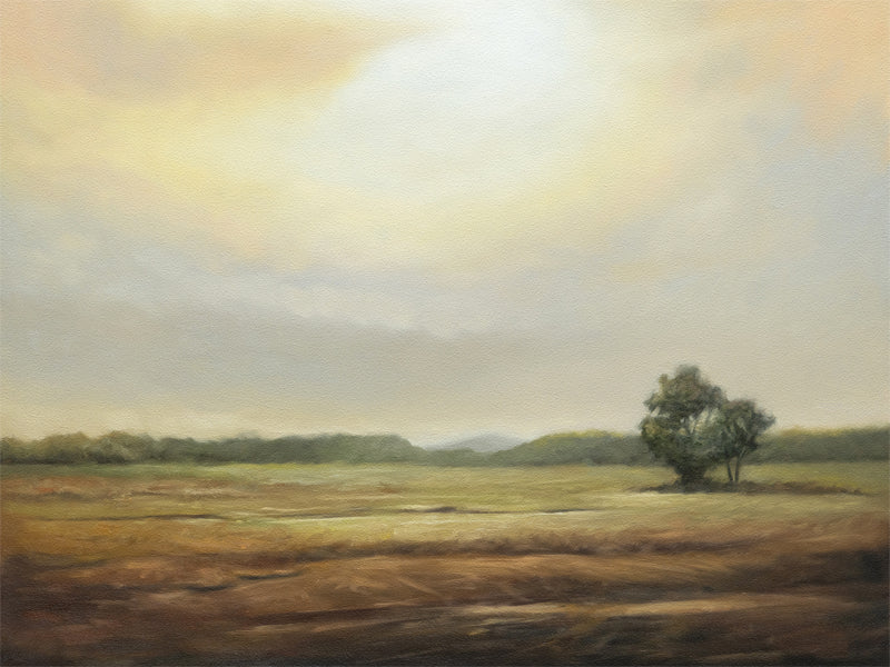 This oil painting features a rural countryside on an overcast morning with the golden glow of the sun breaking through the clouds.