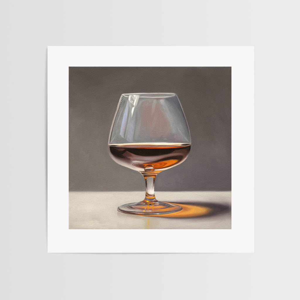 This artwork features a glass of brandy resting on a light surface with some nice dramatic lighting.