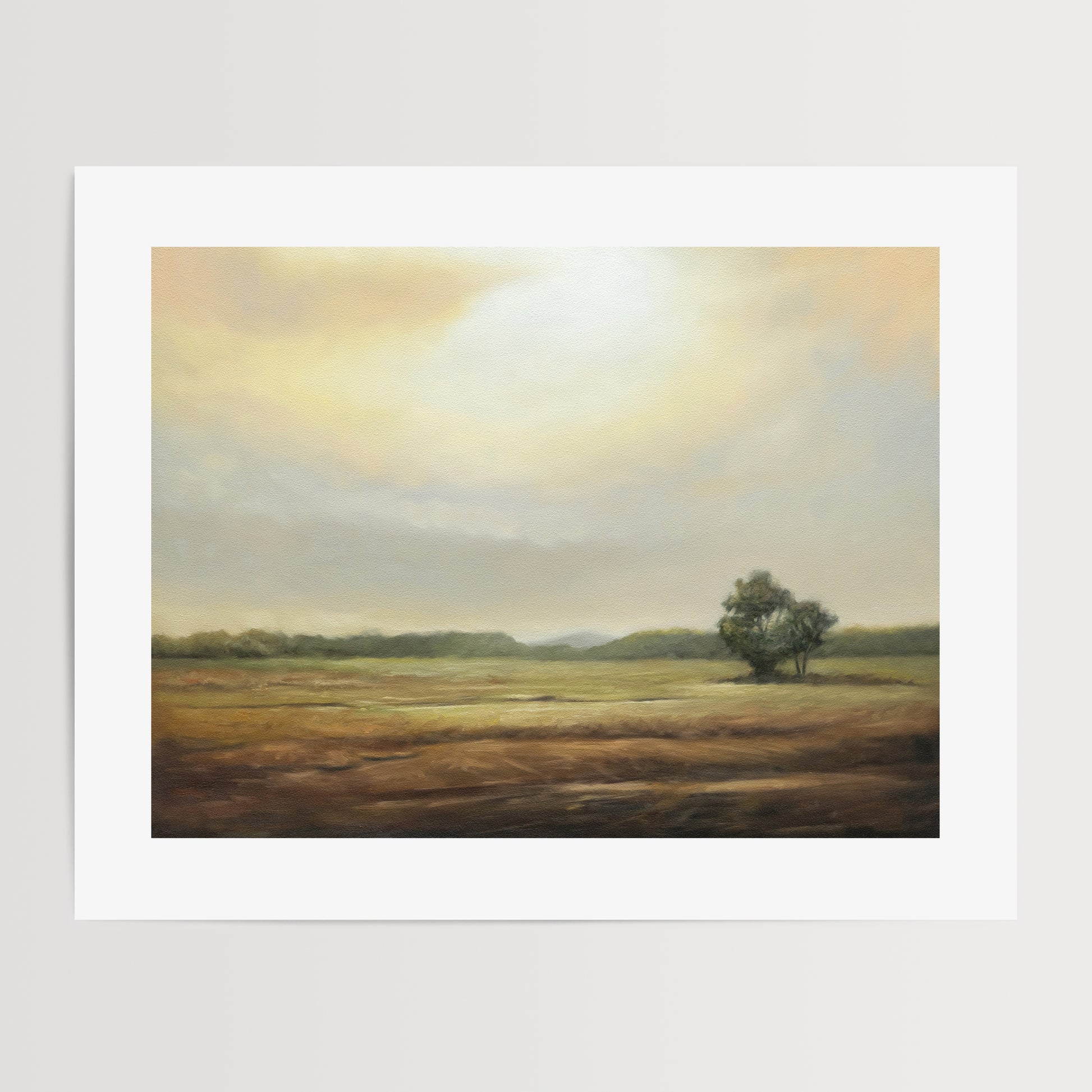 This oil painting features a rural countryside on an overcast morning with the golden glow of the sun breaking through the clouds.