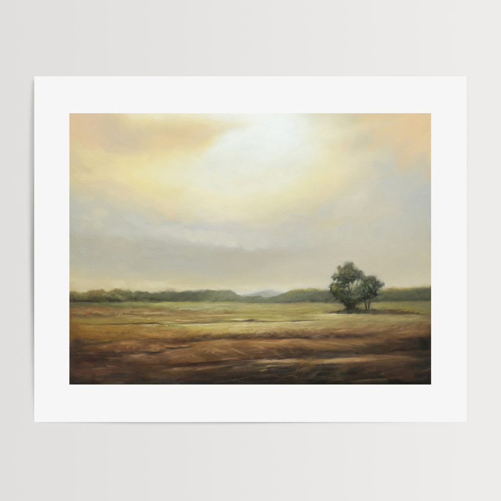 This oil painting features a rural countryside on an overcast morning with the golden glow of the sun breaking through the clouds.