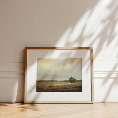 This oil painting features a rural countryside on an overcast morning with the golden glow of the sun breaking through the clouds.