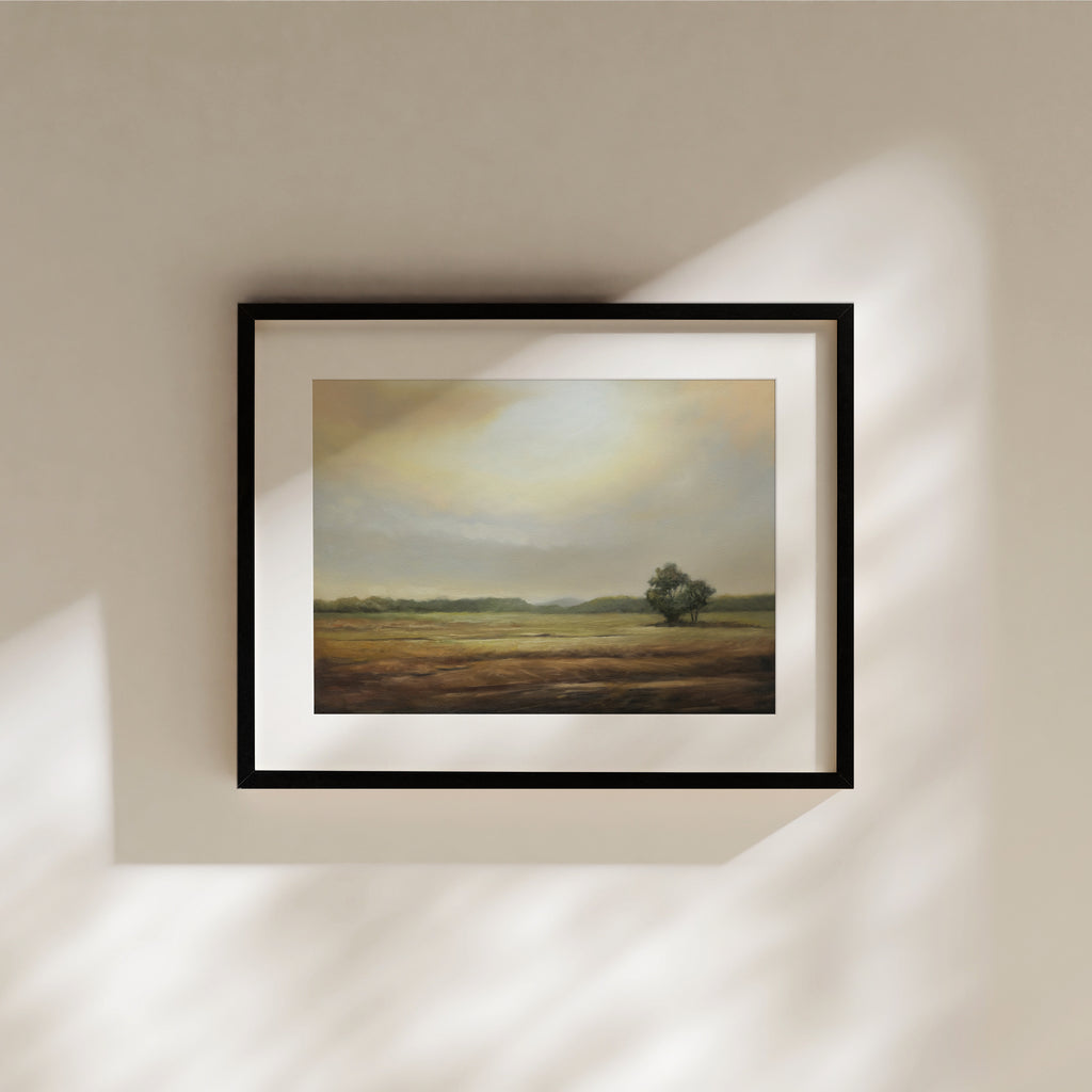 This oil painting features a rural countryside on an overcast morning with the golden glow of the sun breaking through the clouds.