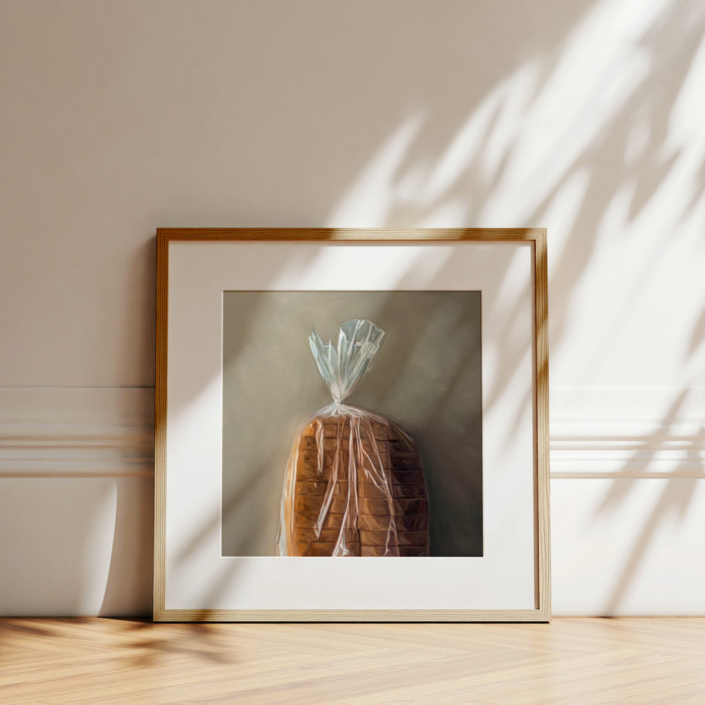 This artwork features a fresh loaf of bread in clear plastic wrap on a light grey background.