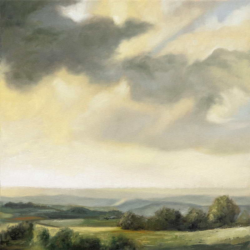 This artwork features an atmospheric country landscape during the golden hour.