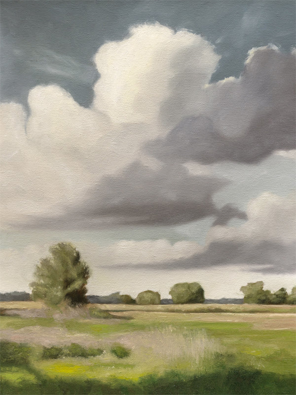 This artwork features an open field in the countryside with some lovely soft clouds and an expressive, textured foreground.