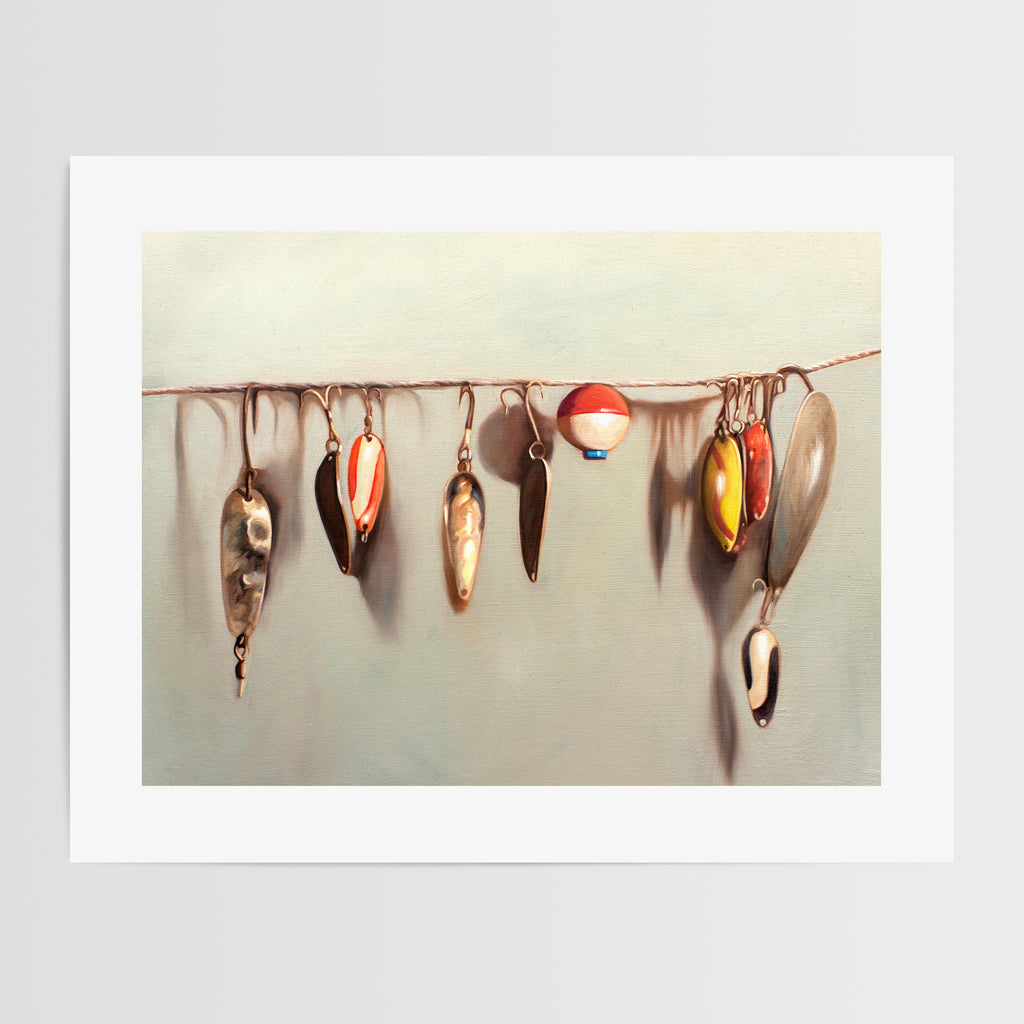 This artwork features a string fashioned with a variety of vintage fishing lures.