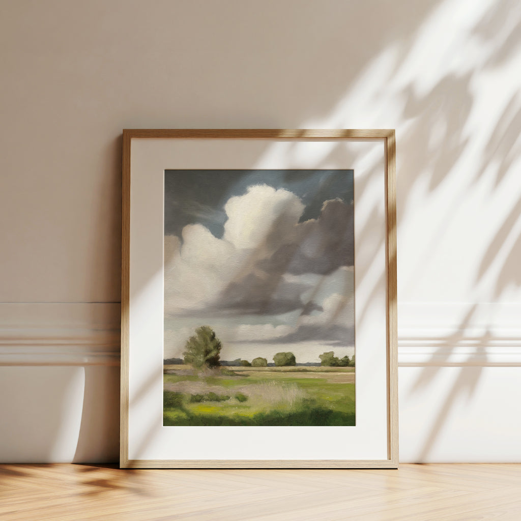 This artwork features an open field in the countryside with some lovely soft clouds and an expressive, textured foreground.