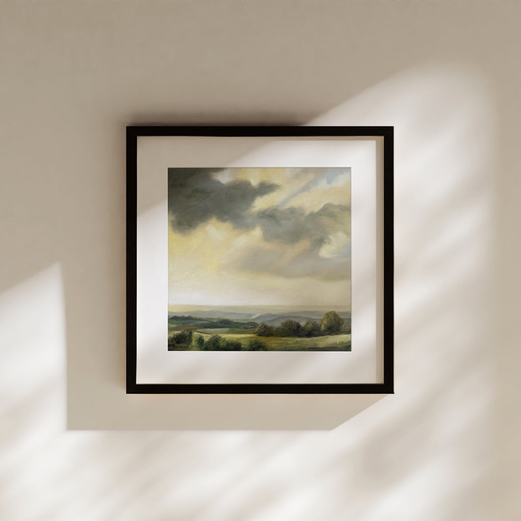 This artwork features an atmospheric country landscape during the golden hour.