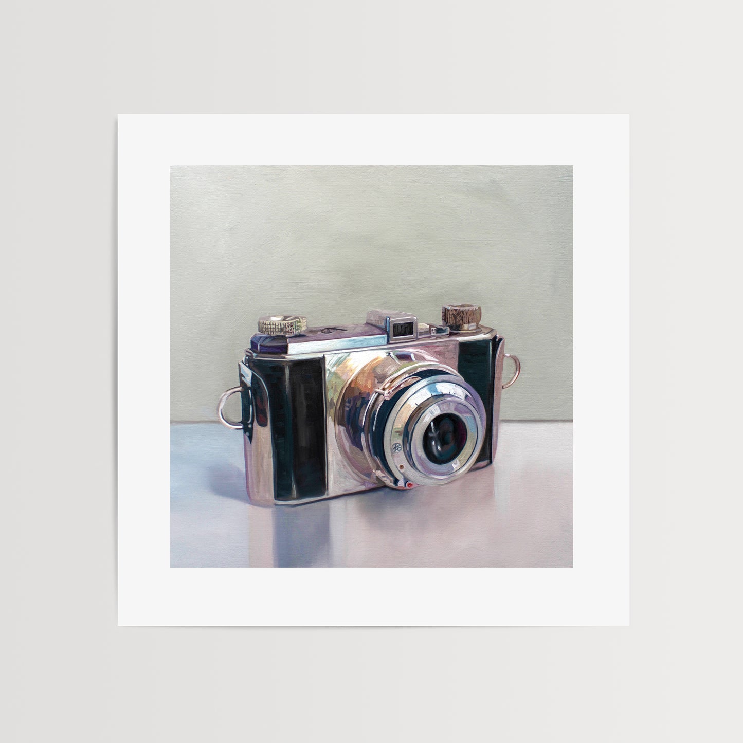 This artwork features a vintage 35mm film camera painted in loose painterly brushstrokes.