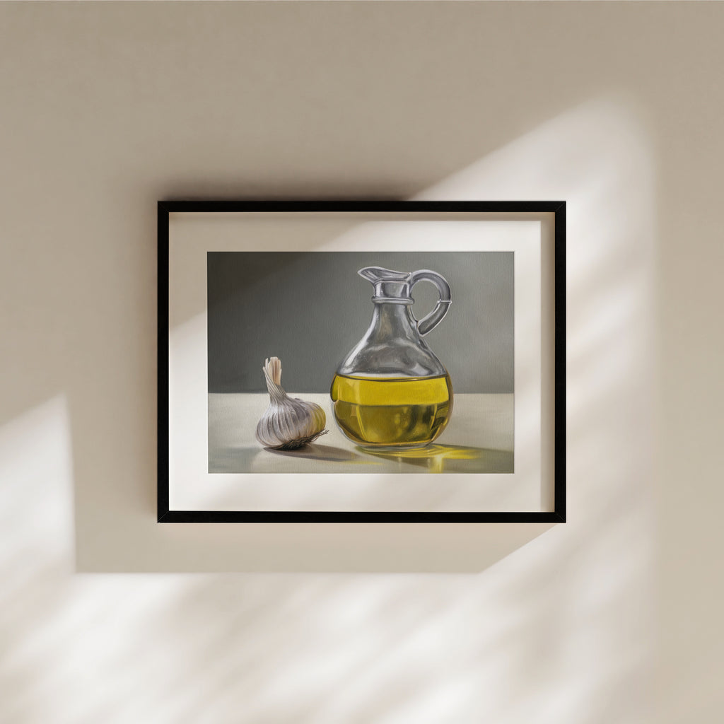 This artwork features a garlic bulb resting next to a backlit olive oil curet resting on a light surface with a neutral grey background.