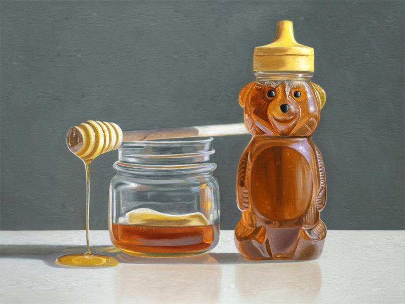 This artwork features a jar of honey with a drizzling honey dipper resting next to a honey bear on a reflective surface and neutral background.