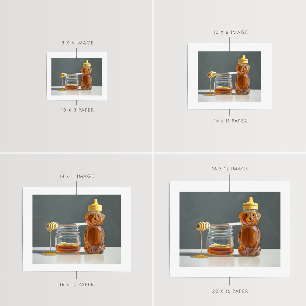 This artwork features a jar of honey with a drizzling honey dipper resting next to a honey bear on a reflective surface and neutral background.