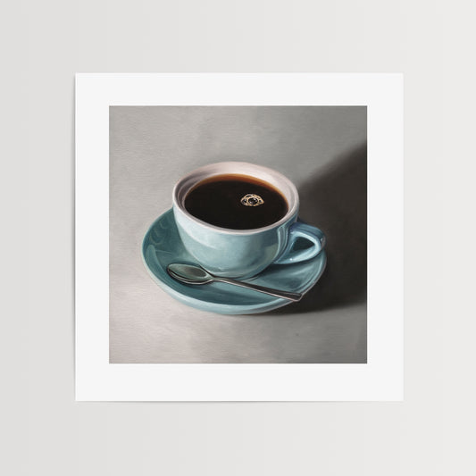 This artwork features a light blue cup of coffee resting on a saucer with a spoon..