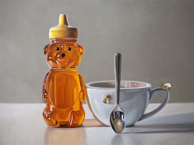 This artwork features a honey bear bottle, cup with spoon and two curious honey bees.