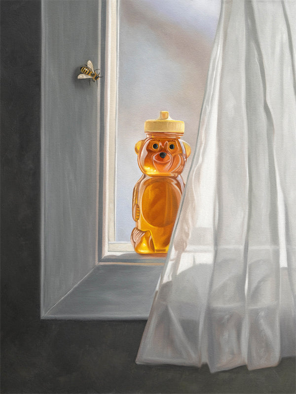 This artwork features a curious bee inspecting a bottle of honey resting in an open window.