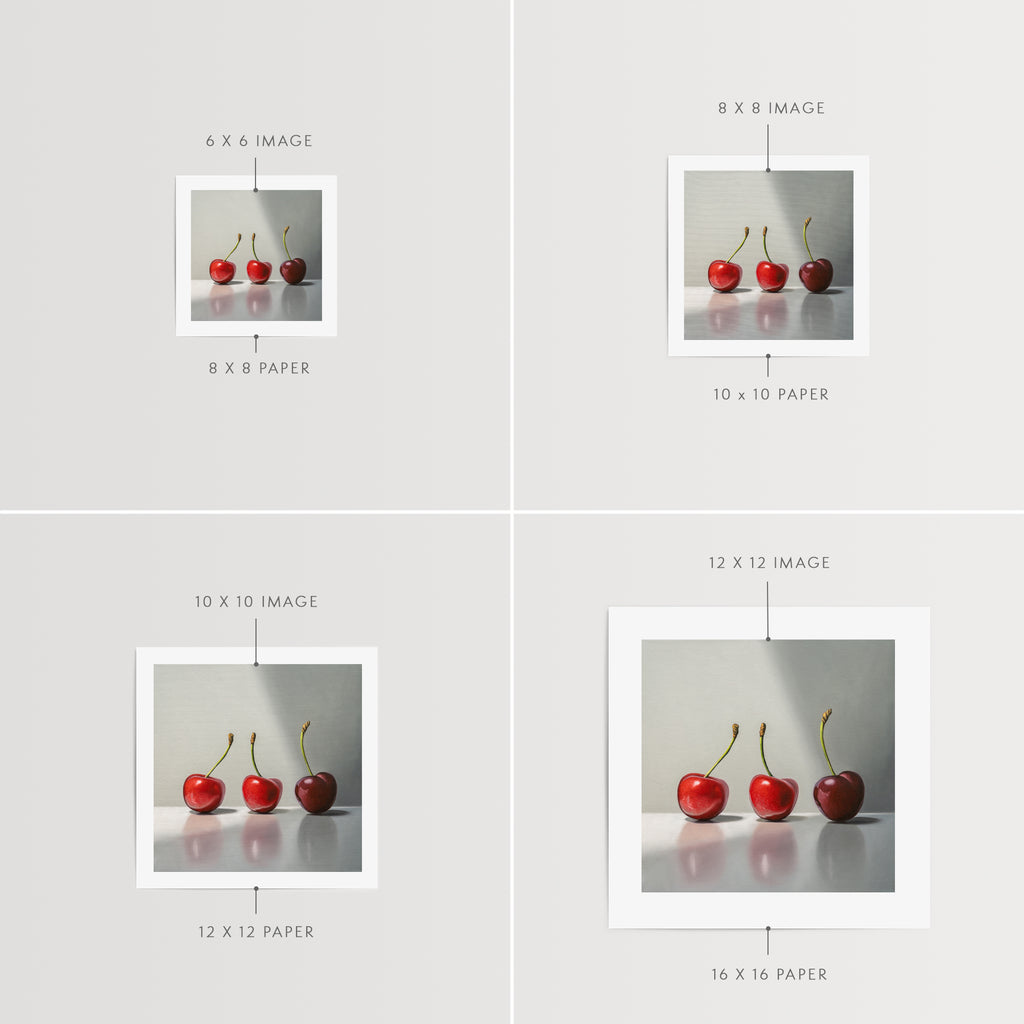 This painting features a trio of cherries in varied lighting on a reflective surface.