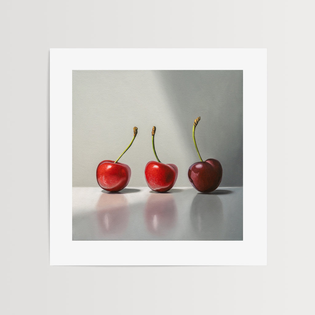 This painting features a trio of cherries in varied lighting on a reflective surface.