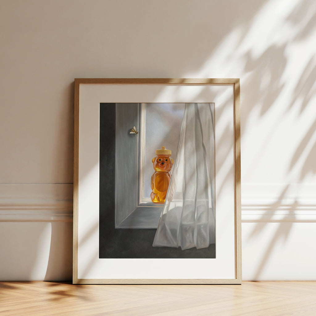 This artwork features a curious bee inspecting a bottle of honey resting in an open window.