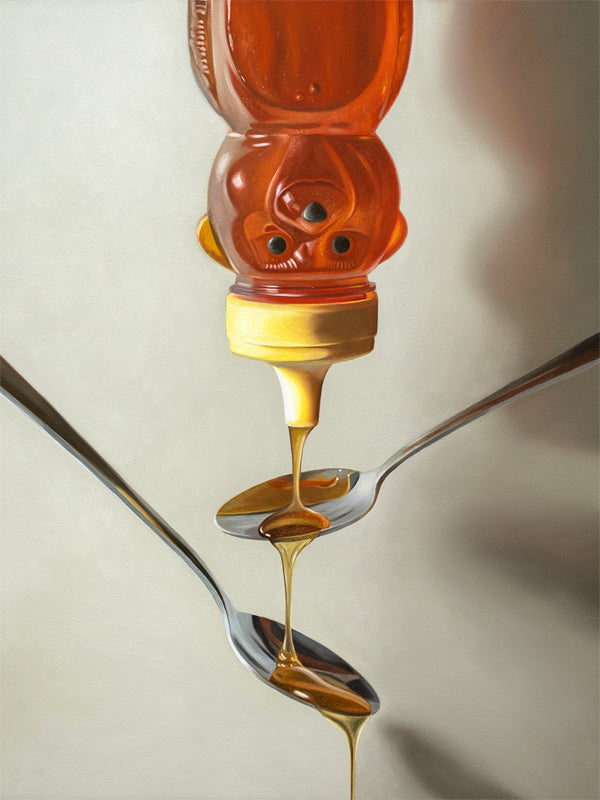 This artwork features a honey bear bottle drizzling honey down to two spoons below.