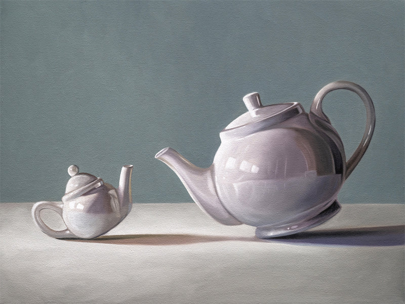 This artwork features teapot curiously inspecting its little bitty counterpart.