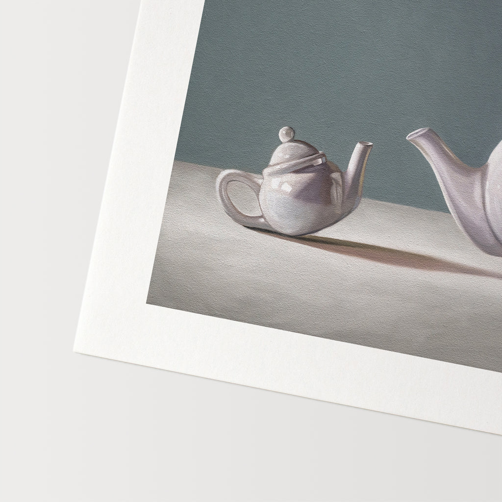 This artwork features teapot curiously inspecting its little bitty counterpart.