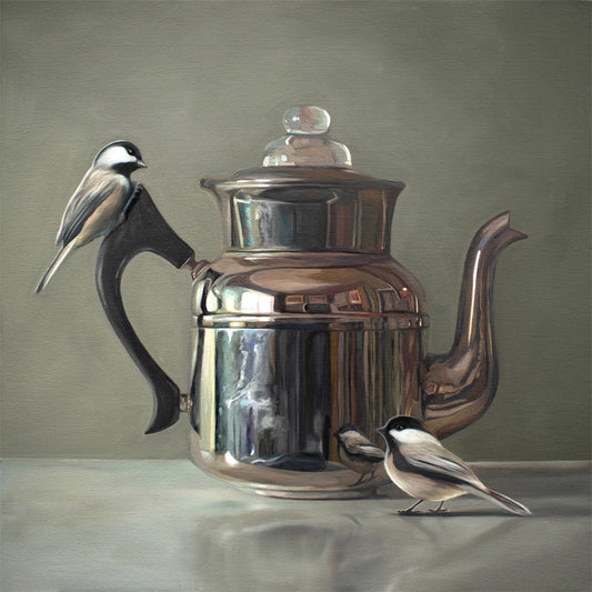 This artwork features a pair of chickadees inspecting a vintage tea kettle.This artwork is from a series featuring tea kettles paired with various objects.