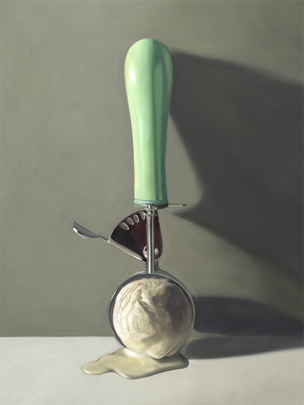 This painting features a vintage ice cream scoop filled with melting vanilla ice cream, set against a softly-lit backdrop of shadows and dramatic lighting.