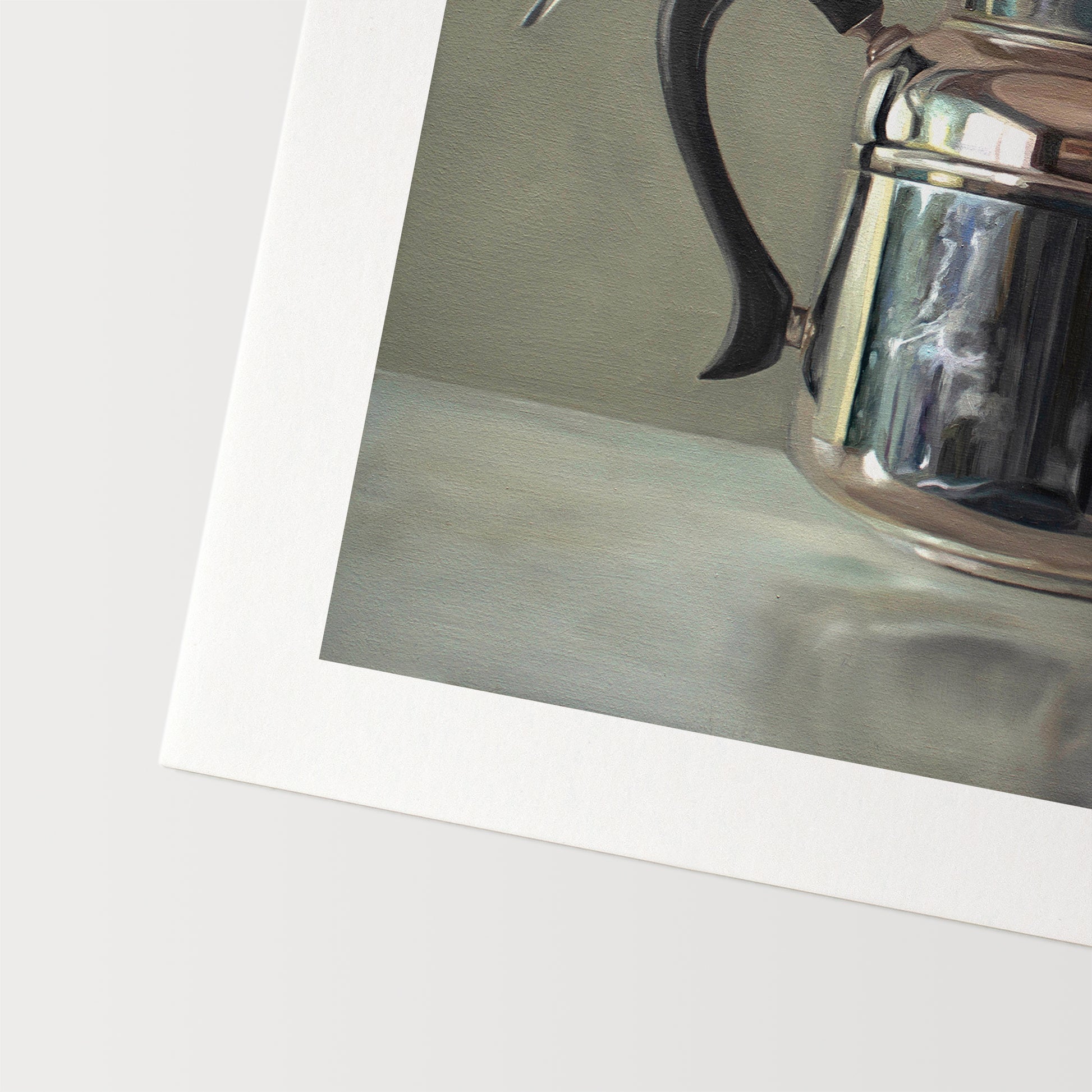 This artwork features a pair of chickadees inspecting a vintage tea kettle.This artwork is from a series featuring tea kettles paired with various objects.