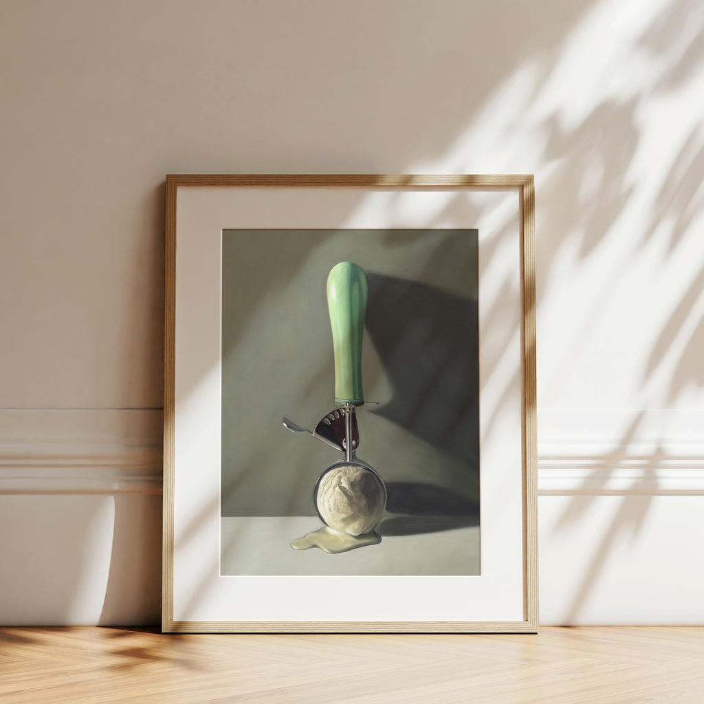 This painting features a vintage ice cream scoop filled with melting vanilla ice cream, set against a softly-lit backdrop of shadows and dramatic lighting.