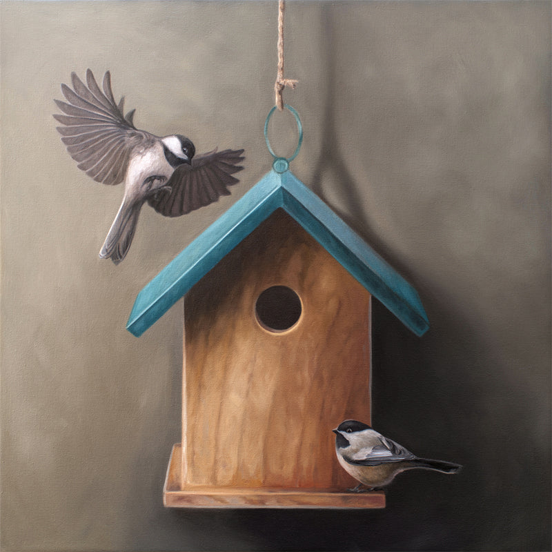 This artwork features a pair of chickadees inspecting a cute little birdhouse with a blue roof.
