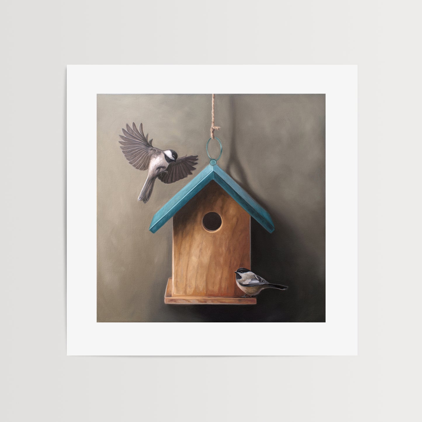 This artwork features a pair of chickadees inspecting a cute little birdhouse with a blue roof.