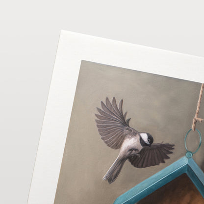 This artwork features a pair of chickadees inspecting a cute little birdhouse with a blue roof.