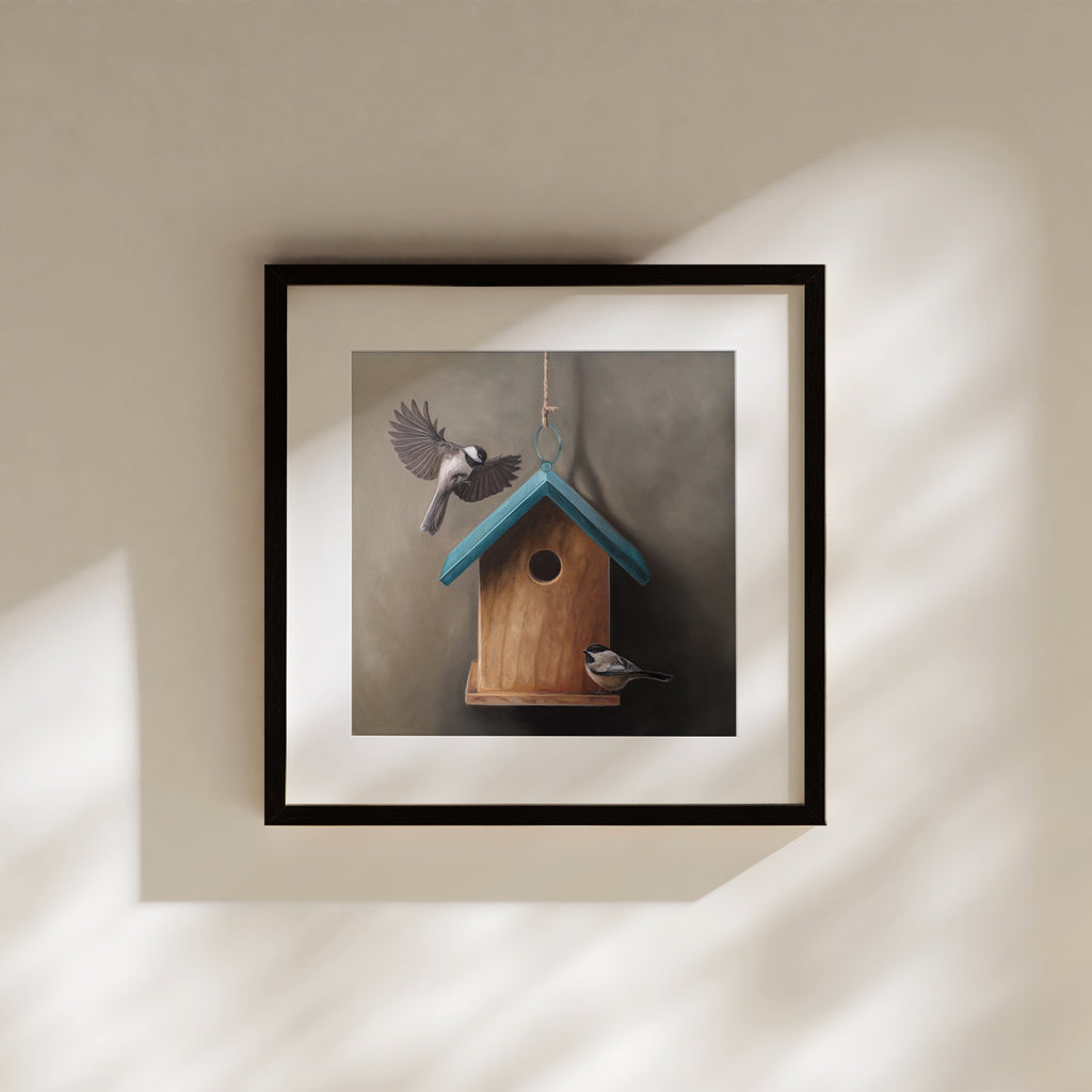 This artwork features a pair of chickadees inspecting a cute little birdhouse with a blue roof.