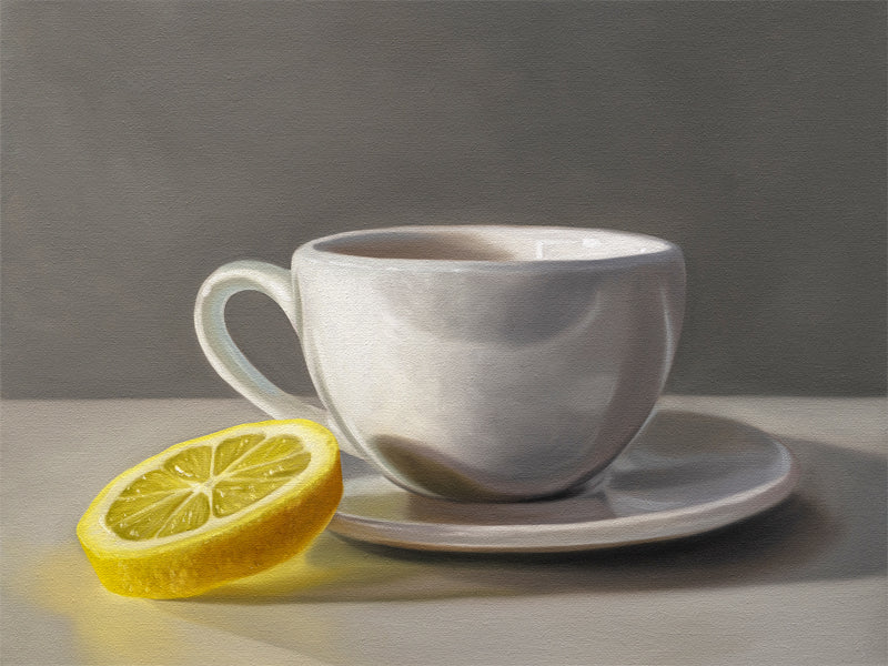 This artwork features a lemon slice leaning on the edge of cup and saucer.