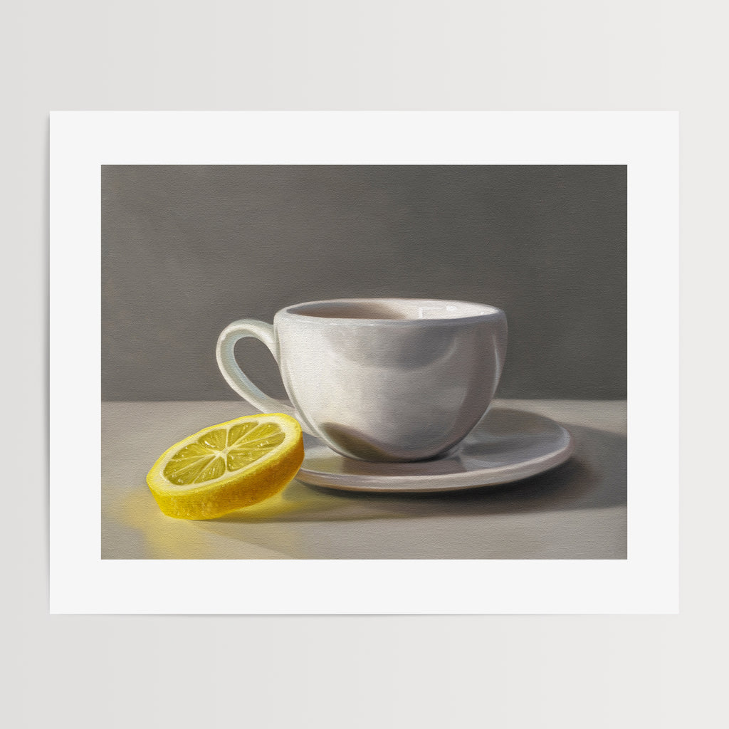 This artwork features a lemon slice leaning on the edge of cup and saucer.